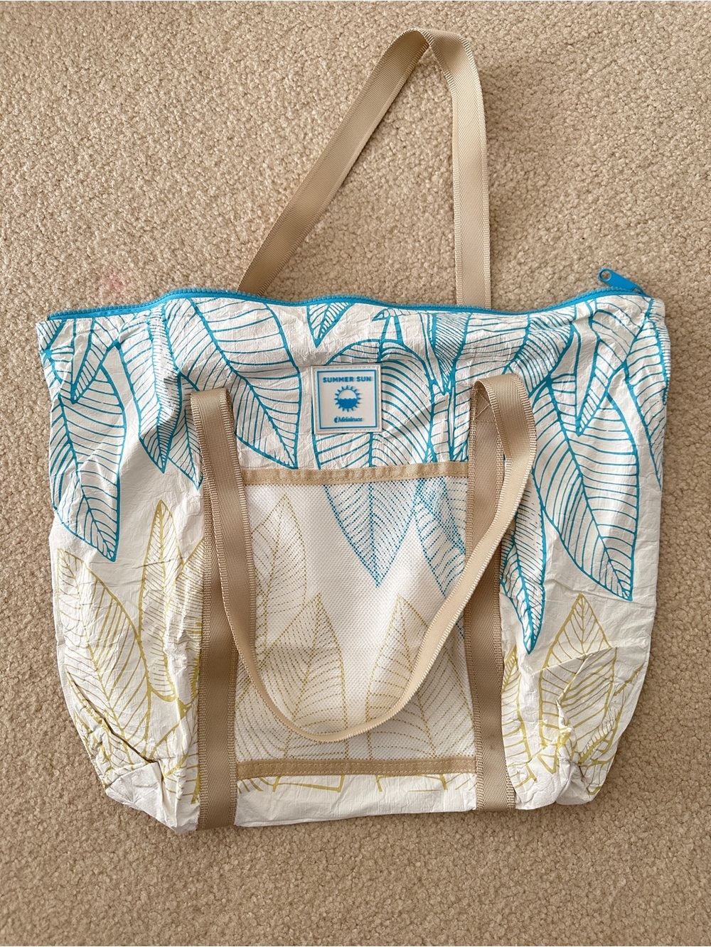 MLeaf-Print Tote Bag in Teal and Beige